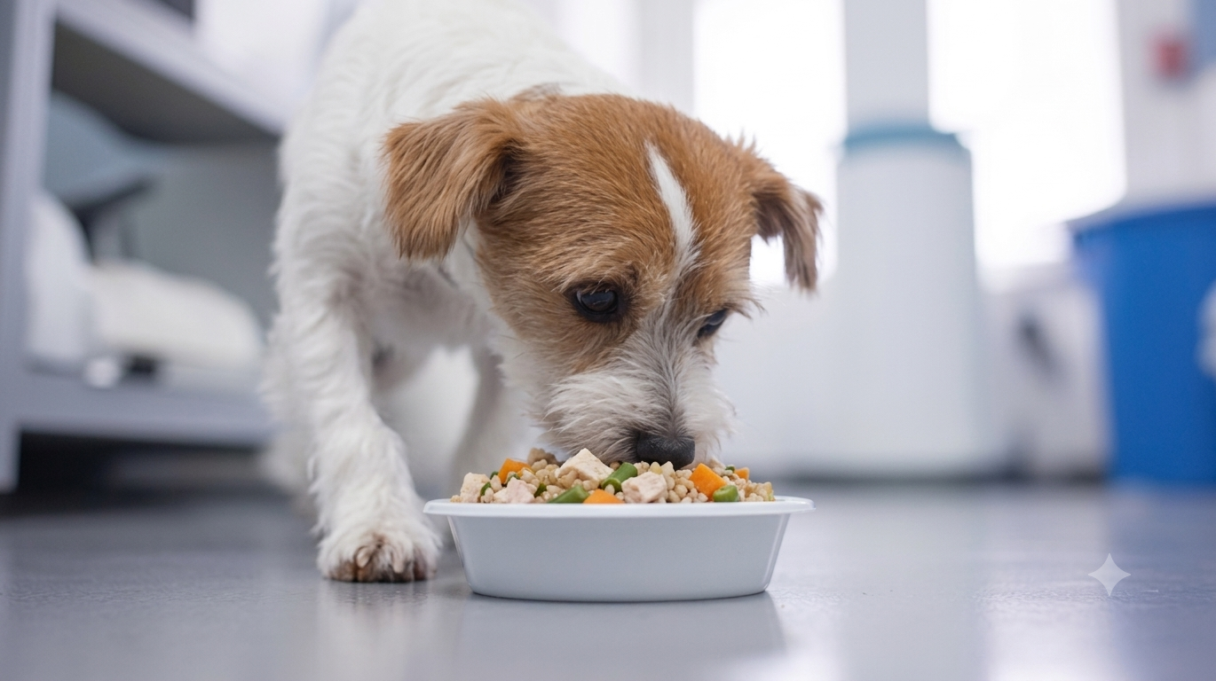 Healthy dog beside a bowl of balanced homemade dog food